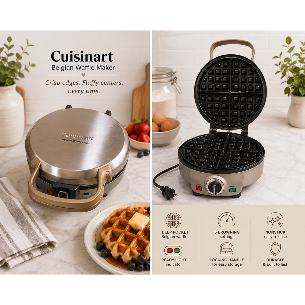 Cuisinart Belgian Waffle Maker WAF-200 Silver Stainless Steel 6-Setting Control